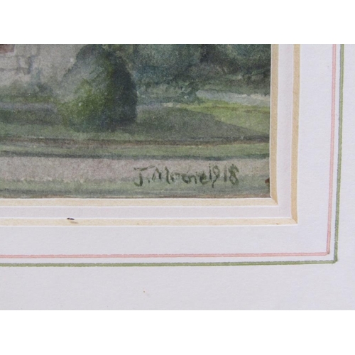 1289 - J MOORE 1918 - ROADSIDE COTTAGES, SIGNED WATERCOLOUR, F/G, 12CM X 16CM