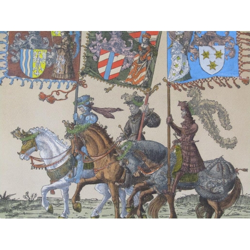 1290 - PAIR OF FRAMED COLOURED PRINTS - MEDIEVAL ITALIAN CEREMONIAL PRINTS, EACH 41CM X 48CM