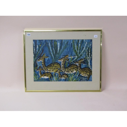 1294 - KABUOLA 1960 ELVILLE - FIVE GAZELLE, OIL ON CANVAS, FRAMED, 39CM X 54CM