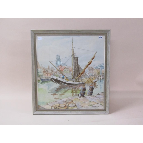 1296 - GEORGE HARVEY - FISHING VESSEL ENTERING HARBOUR, SIGNED WATERCOLOUR, F/G, 61CMX 55CM