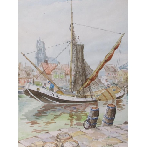 1296 - GEORGE HARVEY - FISHING VESSEL ENTERING HARBOUR, SIGNED WATERCOLOUR, F/G, 61CMX 55CM