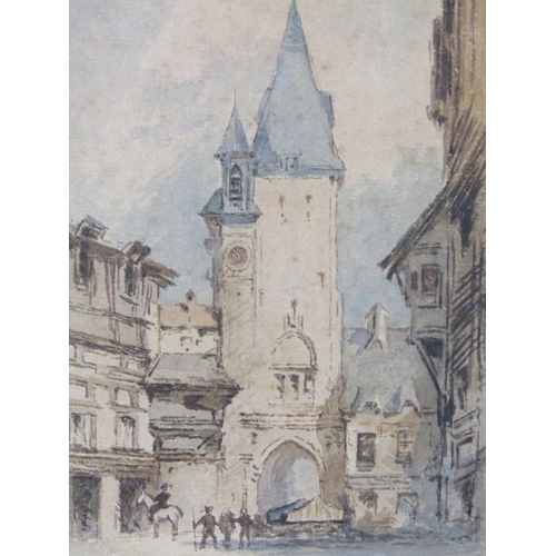 1298 - PAIR UNSIGNED - 19C CONTINENTAL STREET SCENES, WATERCOLOURS, F/G, 19CM X 13CM