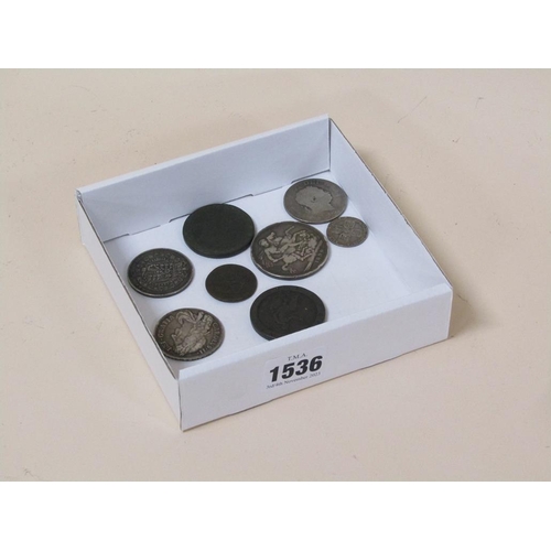 1536 - BOX OF MIXED COINS TO INC. 1679 CHARLES II CROWN, 1823 GEORGE IV HALF CROWN AND A 1757 GEORGE II SIL... 