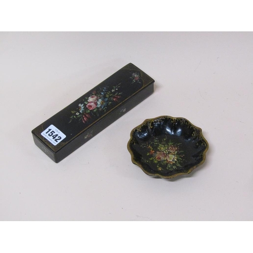 1542 - PAPIER MACHE BLACK LACQUERED FLORAL DECORATED BOX AND DISH