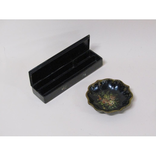 1542 - PAPIER MACHE BLACK LACQUERED FLORAL DECORATED BOX AND DISH