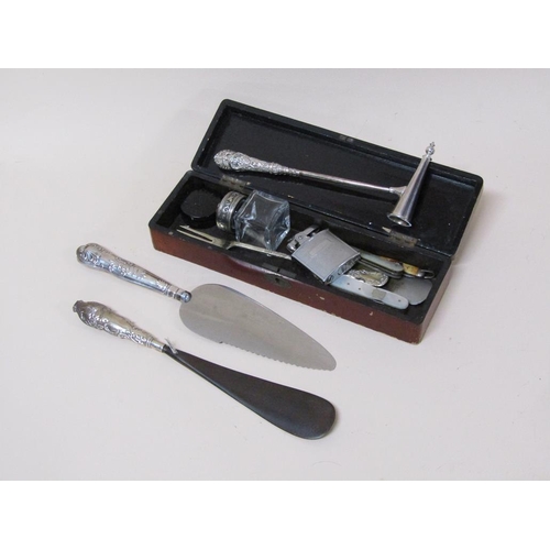 1550 - BOX OF SILVER HANDLED CAKE SERVERS, SHOE HORNS, LIGHTERS ETC