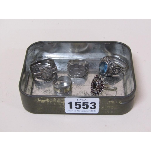 1553 - BOX OF FIVE SILVER DRESS RINGS TO INC. HARLEY DAVIDSON MOTORCYCLES