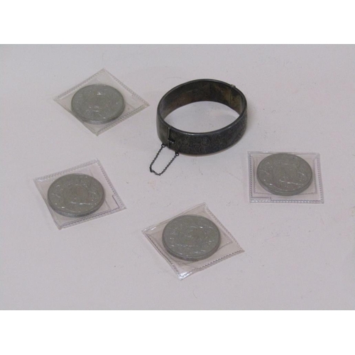 1556 - SILVER BANGLE AND FOUR COMMEMORATIVE COINS