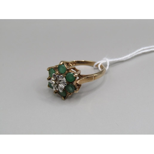 1594 - 9ct GOLD GREEN STONE AND DIAMOND SET RING SIZE O