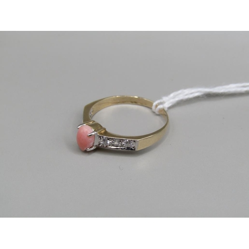 1596 - 9ct GOLD DIAMOND AND CORAL RING SIZE N