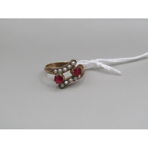 1599 - 9ct GOLD GARNET AND SEED PEARL RING SIZE M