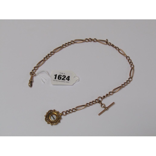 1624 - 9ct GOLD ALBERT CHAIN AND T BAR WITH ATTACHED GILT METAL COMPASS FOB, 38g