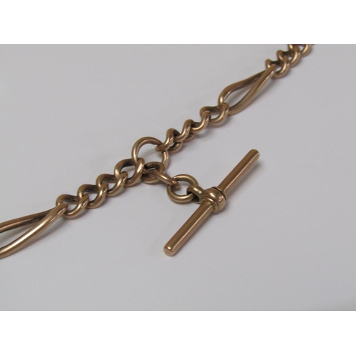 1624 - 9ct GOLD ALBERT CHAIN AND T BAR WITH ATTACHED GILT METAL COMPASS FOB, 38g