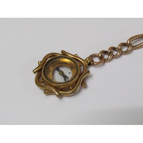 1624 - 9ct GOLD ALBERT CHAIN AND T BAR WITH ATTACHED GILT METAL COMPASS FOB, 38g