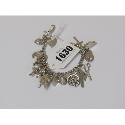 1630 - SILVER CHARM BRACELET SET WITH APPROX 20 CHARMS