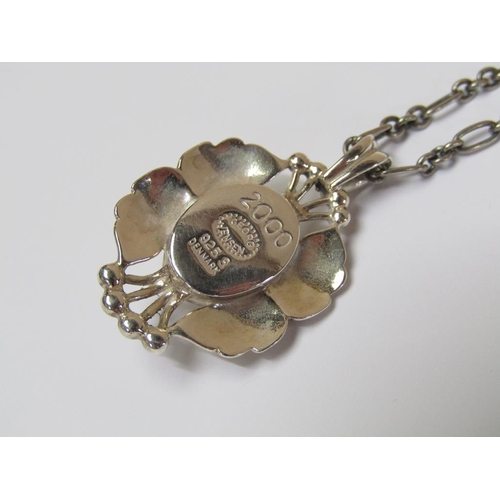 1635 - SILVER GEORG JENSEN PENDANT AND ATTACHED SILVER NECKLACE WITH A SILVER GILT AND ENAMEL NORWEGIAN FLO... 