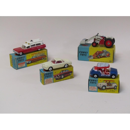 1695 - CORGI TOYS FOUR BOXED VEHICLES - 239 VOLKSWAGON KARMANN GEAR, 437 SUPERIOR AMBULANCE ON CADILLAC CHA... 