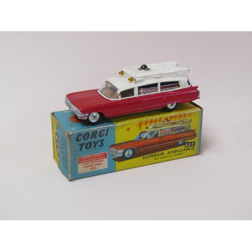 1695 - CORGI TOYS FOUR BOXED VEHICLES - 239 VOLKSWAGON KARMANN GEAR, 437 SUPERIOR AMBULANCE ON CADILLAC CHA... 