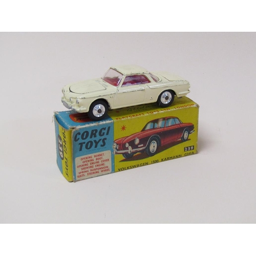 1695 - CORGI TOYS FOUR BOXED VEHICLES - 239 VOLKSWAGON KARMANN GEAR, 437 SUPERIOR AMBULANCE ON CADILLAC CHA... 