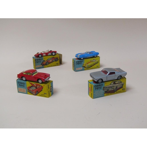 1697 - FOUR BOXED CORGI TOYS VEHICLES - NO.320 FORD MUSTANG FASTBACK 2X2, 218 ASTON MARTIN DB4, 154 FERRARI... 