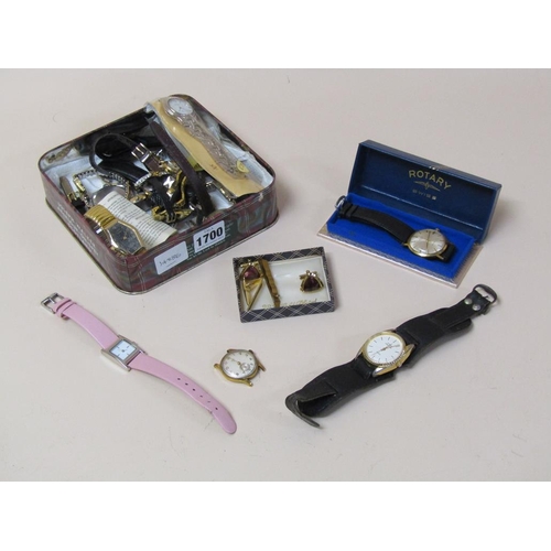 1700 - BOX OF MIXED WATCHES, TIE CLIPS, CUFFLINKS ETC