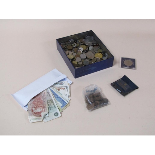 1708 - TIN OF MIXED COMMEMORATIVE AND OTHER COINS PLUS BANKNOTES ETC