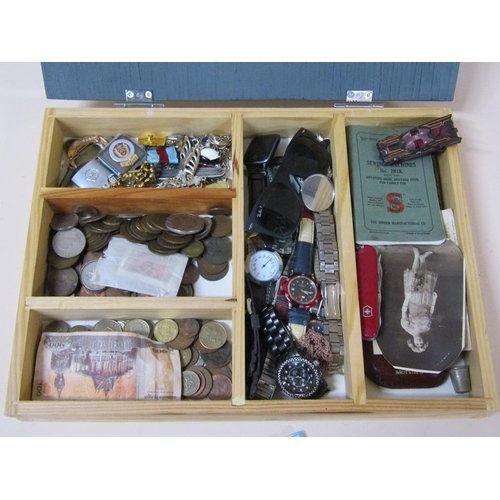 1743 - BOX OF MIXED WATCHES, COINS ETC