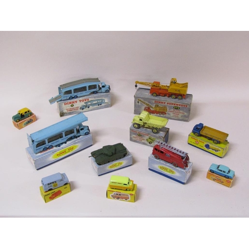 1746 - BOX OF MIXED DINKY TOYS TO INC. 582 CAR TRANSPORTER x2 , 972 20 TONNE LORRY MOUNTED CRANE, 408 BIG B... 