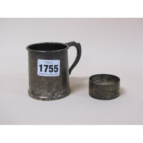 1755 - SMALL SILVER TANKARD AND A SILVER NAPKIN RING, 3.9ozt