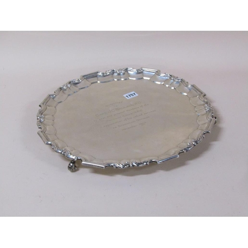 1757 - LARGE SILVER PRESENTATION SALVER R & W SORLEY, LONDON 1911 APPX 70ozt