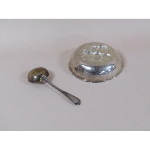 1765 - CONTINENTAL SILVER HAMMERED BOWL AND A CONTINENTAL SILVER SIFTING SPOON, 3.6ozt