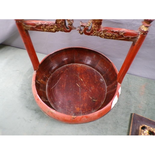 1344 - ORIENTAL LACQUERED BASKET, 41CM H; CARVED PLAQUE