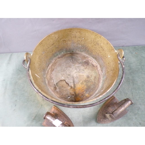 1404 - LARGE JAM PAN, 20CM H; TWO IRONS