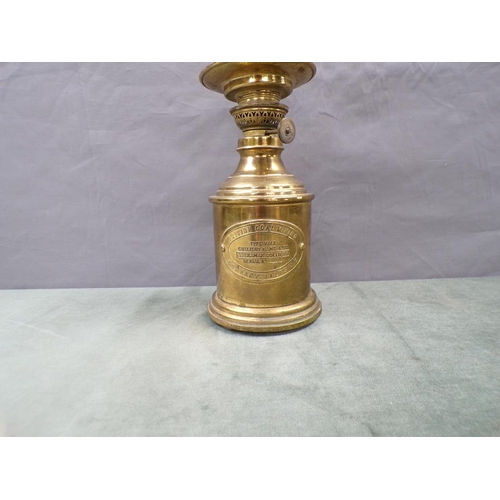 1467 - BRITISH COAL MINING BRASS OIL LAMP AND FUNNEL, 43CM H