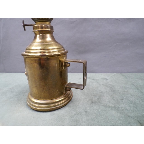 1467 - BRITISH COAL MINING BRASS OIL LAMP AND FUNNEL, 43CM H