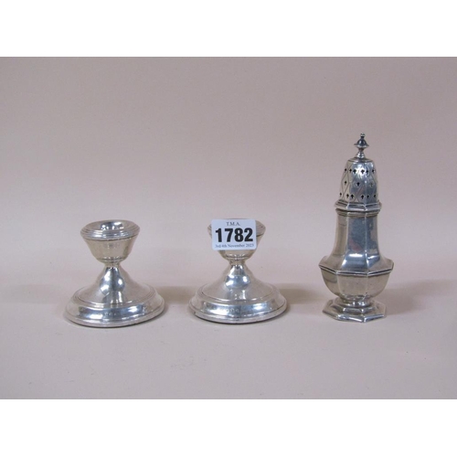 1782 - PAIR OF SQUAT SILVER CANDLESTICKS AND A SMALL SILVER SUGAR SIFTER