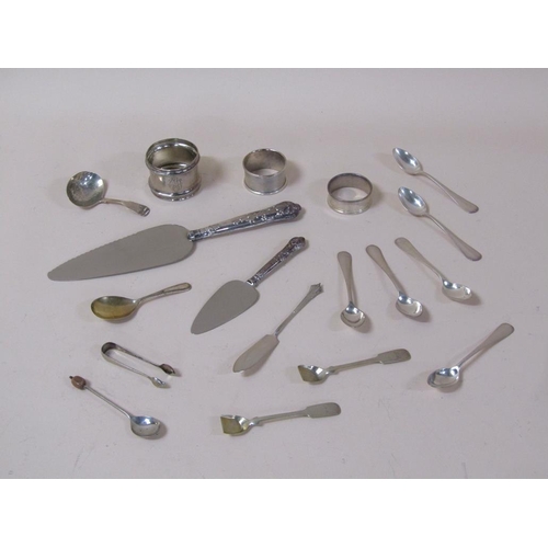 1783 - BOX OF SILVER HANDLED AND OTHER CUTLERY PLUS SILVER CADDY SPOON, NAPKIN RINGS ETC APPX 4ozt