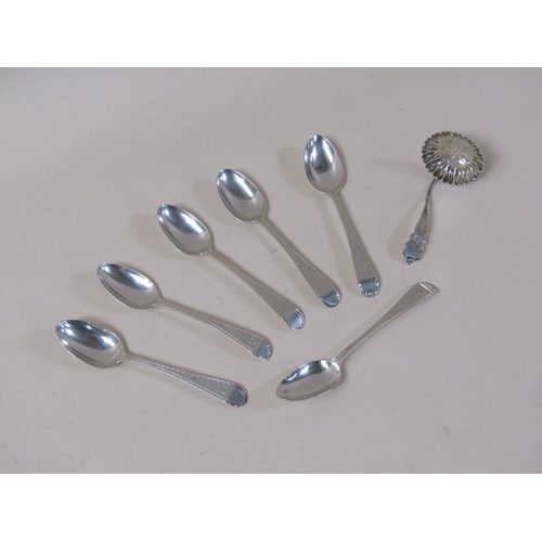 1799 - BOX OF SIX SILVER SPOONS AND A SIFTING SPOON - 2.7ozt