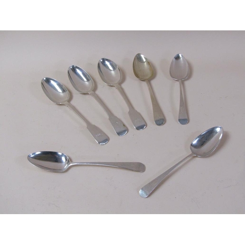 1803 - BOX OF SEVEN MIXED SILVER SERVING SPOONS, 14ozt