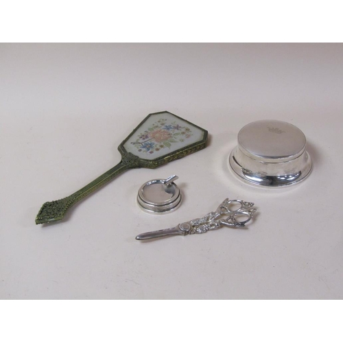 1806 - SILVER POWDER POT, SILVER GRAPE SCISSORS, ASHTRAY AND BRASS HAND MIRROR