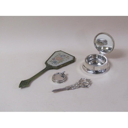 1806 - SILVER POWDER POT, SILVER GRAPE SCISSORS, ASHTRAY AND BRASS HAND MIRROR