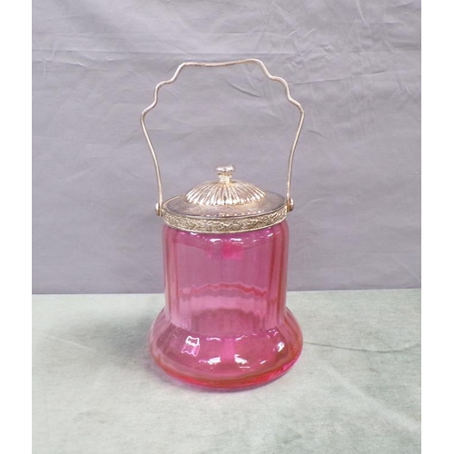 1901 - CRANBERRY BISCUIT BARREL WITH PLATED MOUNTS, 24CM H