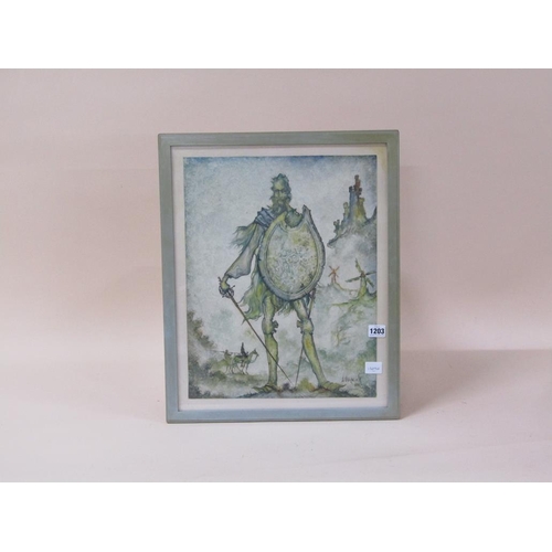 1203 - F. VIVAN COIH 1980 - DON QUIJOTE DE LA MANCHA, FRAMED COLOURED PRINT, F/G, 45CMX 35CM