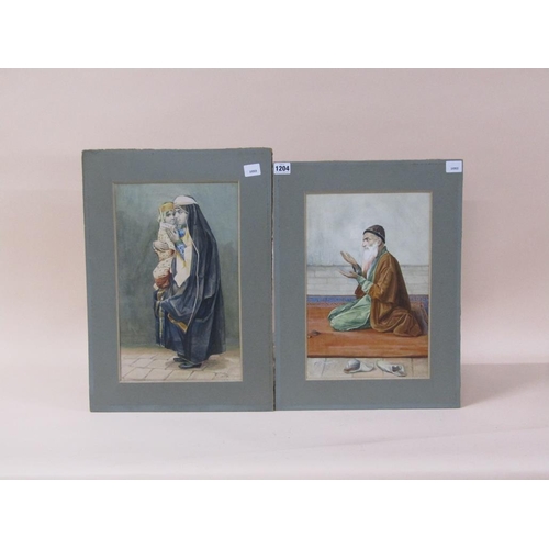 1204 - SIGNED INDISTINCTLY - SUBJECT AT PRAYER, UNFRAMED, 37CM X 24CM; PORTAIT OF A LADY WITH CHILD, 39CM X... 