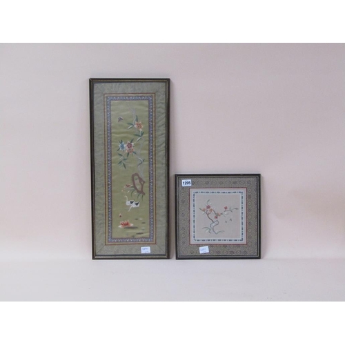 1205 - TWO ORIENTAL FRAMED SILK PICTURES - BIRDS AND FLOWERS, 27CM X 27CM & 58CM X 24CM