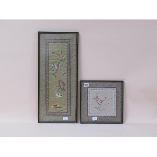 1205 - TWO ORIENTAL FRAMED SILK PICTURES - BIRDS AND FLOWERS, 27CM X 27CM & 58CM X 24CM