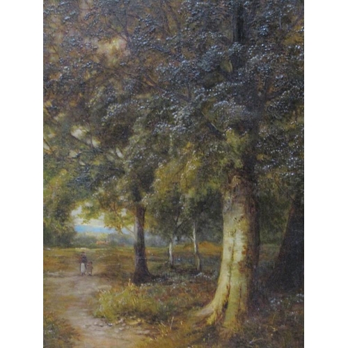 1206 - H WALLACE - MOTHER AND CHILD ON A WOODLAND PATHWAY, SIGNED OIL ON CANVAS, FRAMED, 49CM X 37CM