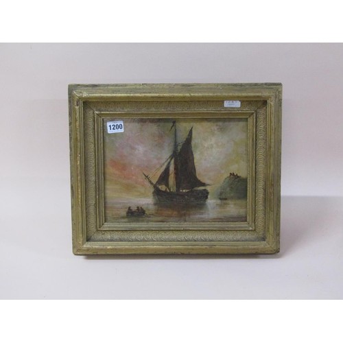 1200 - P RANDALL - 19C COASTAL SAILING VESSEL UNLOADING AT SUNSET, SIGNED OIL ON PANEL, FRAMED, 20CM X 28CM