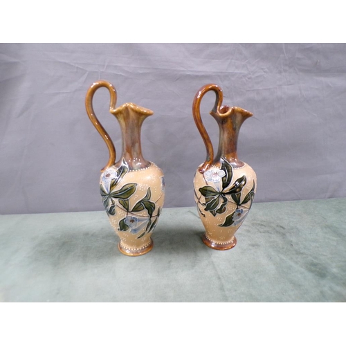 2012 - PAIR OF DOULTON LAMBETH STONEWARE EWERS WIOTH FLORAL TUBE LINE DECORATION, 27CM H