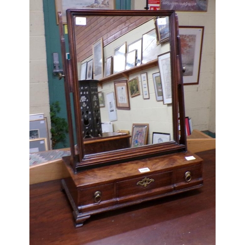 2090 - LATE GEORGIAN WALNUT TOILET MIRROR ON BASE FITTED THREE SHORT DRAWERS, 47CM W, 65CM H, A/F